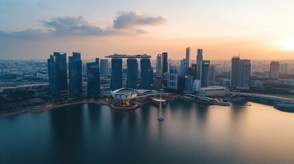 Fototapeta premium Singapore. September 12, 2022: Aerial view of Singapore cityscape with Singapore Flyer and Marina Bay Sands Hotel at dusk time 