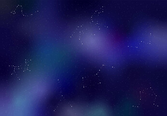 Starry sky with constellations. Cosmos and space. Astrology and astronomy. Poster or banner for website. Seamless pattern with cosmic bodies. Adventure and journey. Flat vector illustration