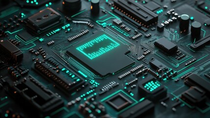 Fototapeta premium Close-Up View of a Modern Circuit Board with Glowing Components and Intricate Details Showcasing Technological Advancement and Digital Innovation