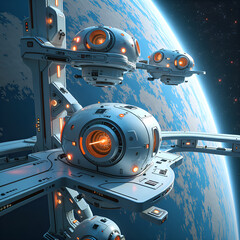 Fototapeta premium Futuristic space habitat with unique modular design orbiting a vibrant planet, digital art of science fiction concept.