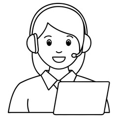 smiling female call center agent in headset work on computer