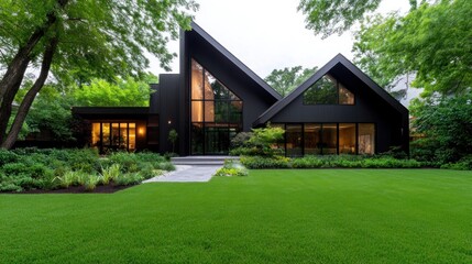 Modern black house surrounded by lush greenery and landscaping.