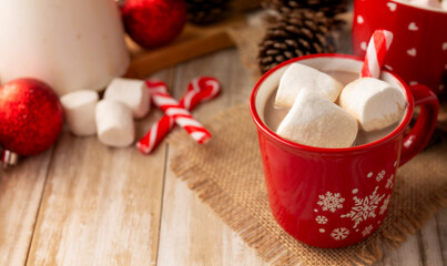 Hot chocolate. Traditional Christmas and winter drink, made with milk and cocoa and served with a marshmallow topping.