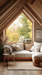 Cozy attic room with large window, wooden beams, and comfy seating area.