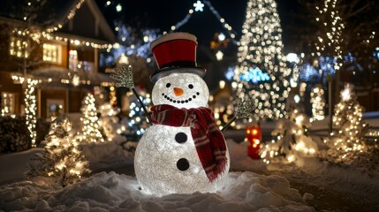 Charming Snowman in Winter Wonderland with Sparkling Snowflakes and Festive Christmas Lights