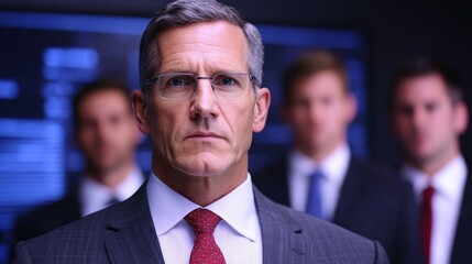 Strategic Visionary: A seasoned businessman commands attention, his serious gaze conveying leadership and determination.  The blurred figures behind him suggest a powerful team.