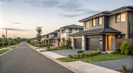 Modern Suburban Houses Line a Quiet Street During the Evening. Generative AI