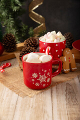Hot chocolate. Traditional Christmas and winter drink, made with milk and cocoa and served with a marshmallow topping.