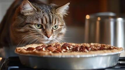 A Cute Cat Cooking a Delicious Pecan Pie in the Kitchen, Surrounded by Ingredients and the Warmth of Home