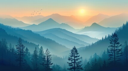 Obraz premium Serene sunrise over misty mountain range and coniferous forest.