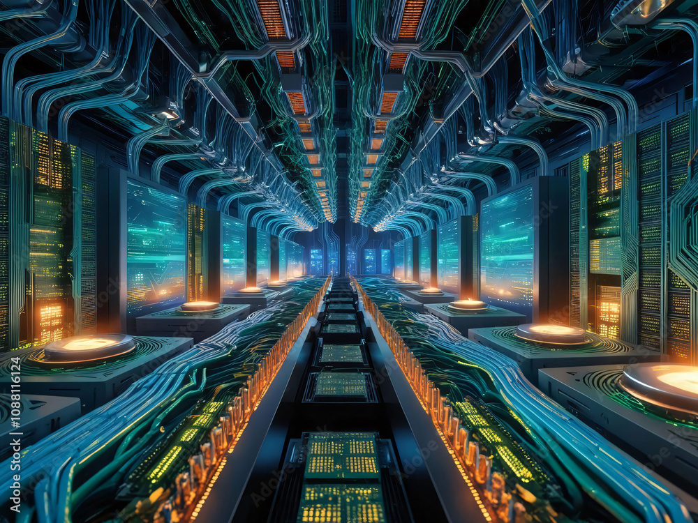 Poster a futuristic data center is illuminated with glowing circuits and advanced technology. rows of illum