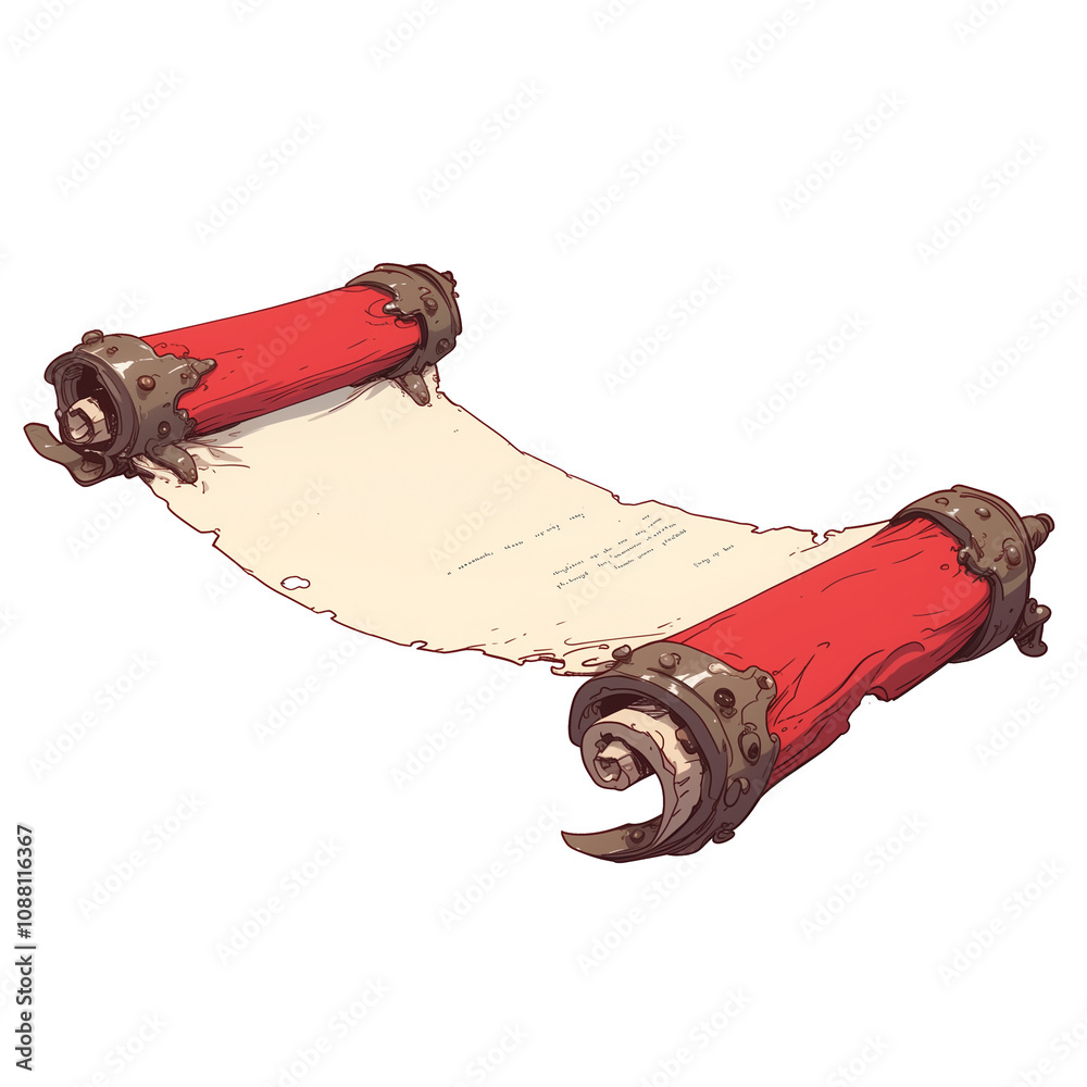 Poster ancient magic scroll with red handles and intricate designs, isolated on white background, evokes se