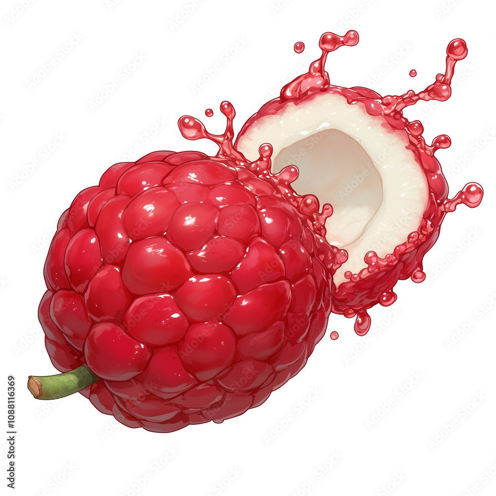 Poster juicy lychee with vibrant red skin and white flesh, splashing liquid, isolated on white background. 