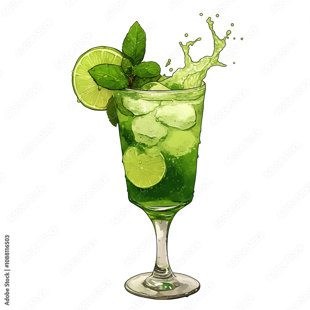 Poster refreshing green cocktail splashes in glass with lime and mint garnish, isolated on white background