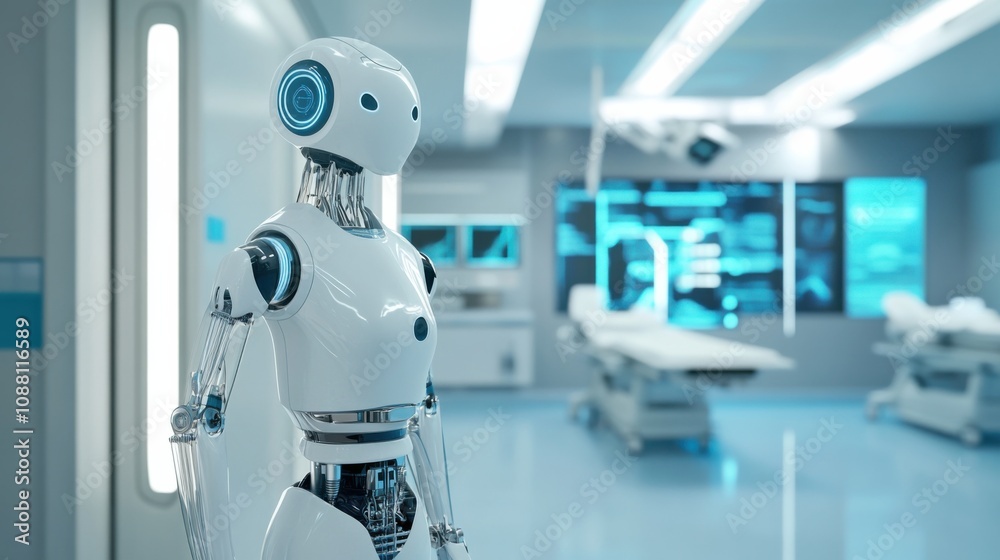 Poster a futuristic ai-driven autonomous medical diagnostic robot, clean healthcare environment with advanc