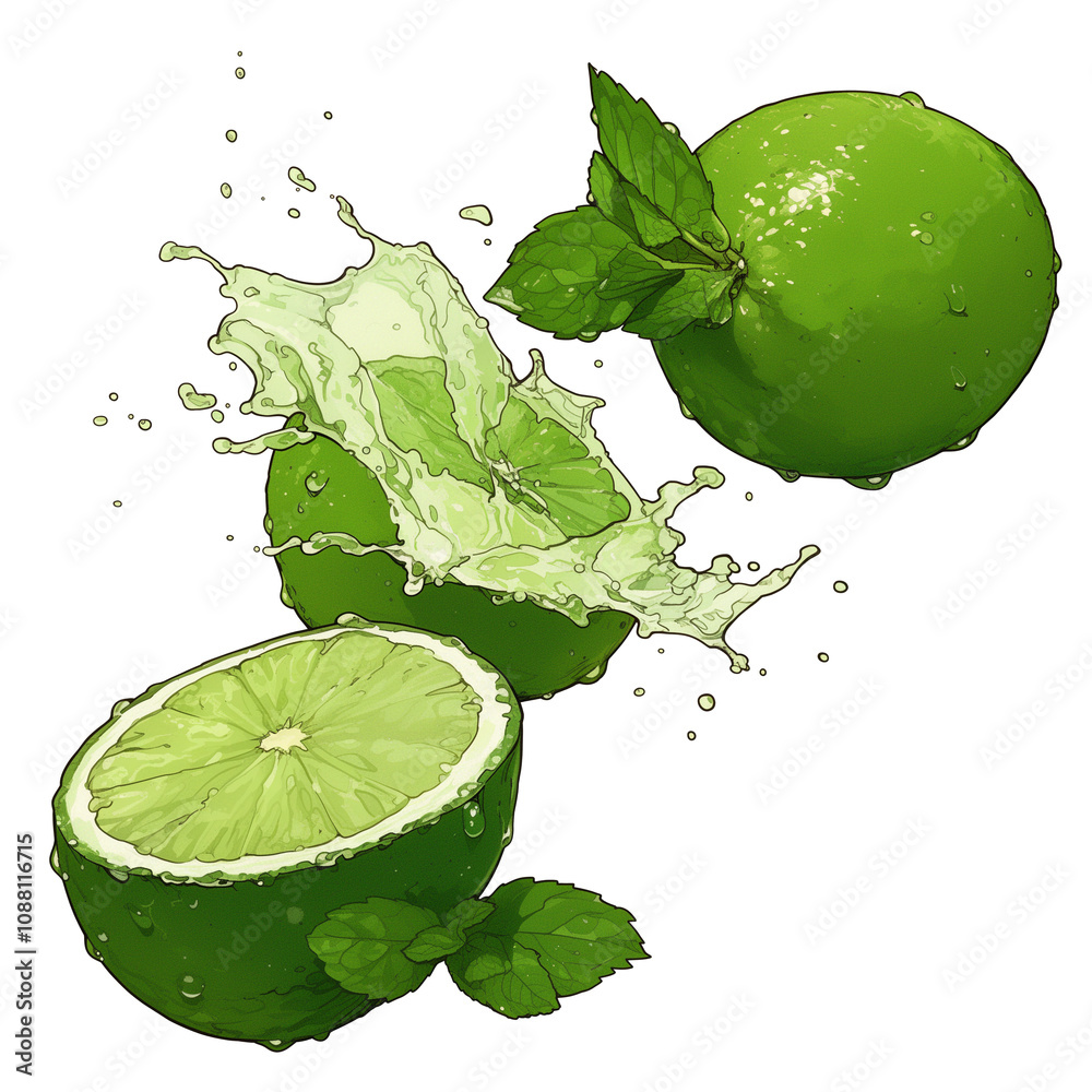 Aufkleber fresh limes and mint leaves splash in mid air, creating vibrant and refreshing scene. dynamic motion
