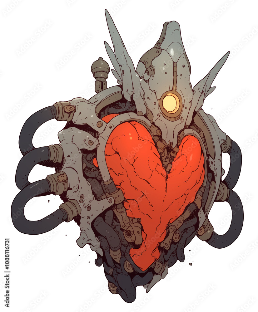Poster mechanical heart with glowing red core, surrounded by intricate metal and wires, isolated on white b