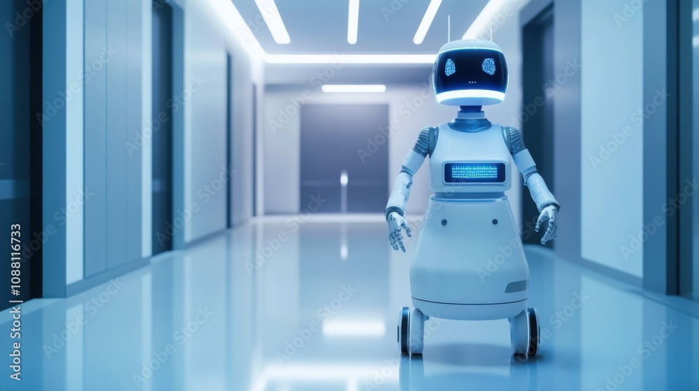 Poster a futuristic ai-driven autonomous medical diagnostic robot, clean healthcare environment with advanc