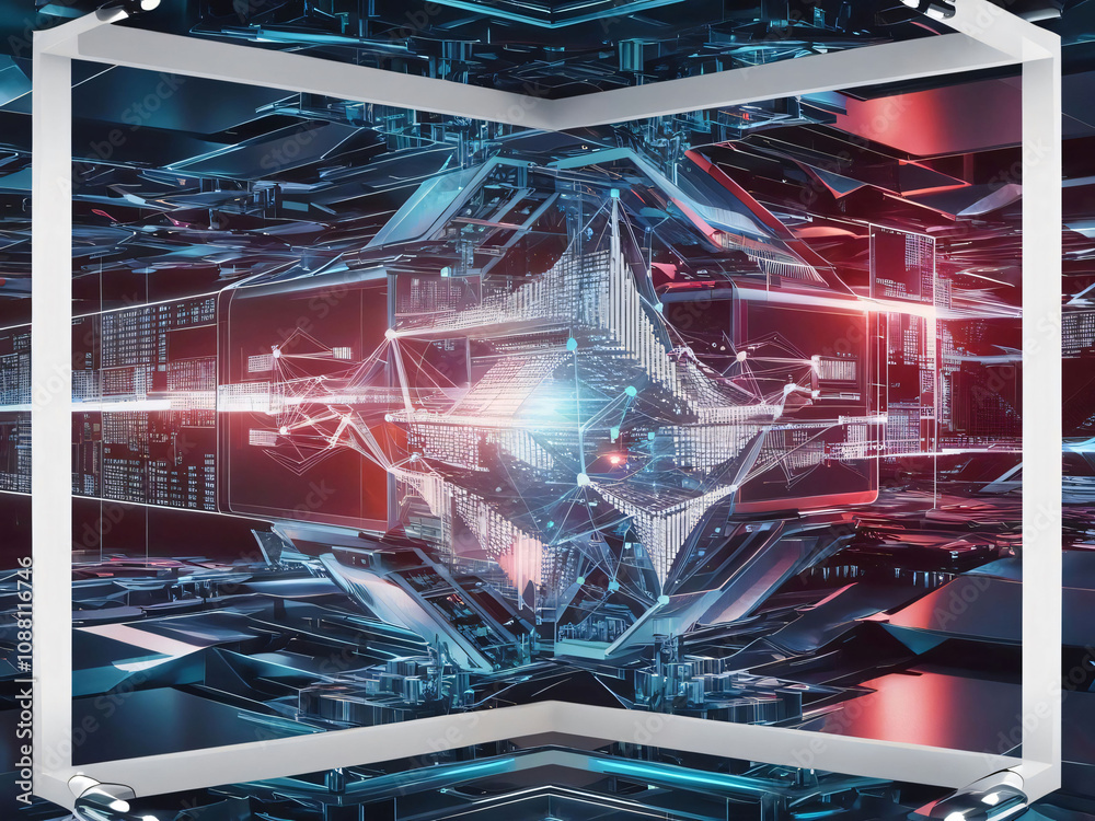 Poster a vibrant digital environment features glowing geometric shapes surrounded by complex data patterns.