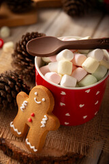 Hot chocolate. Traditional Christmas and winter drink, made with milk and cocoa and served with a marshmallow topping.
