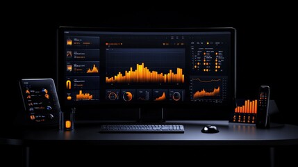 Dark Mode Dashboard: A sleek, modern workspace displays an array of data visualizations on a desktop, tablet, and smartphone, all in a sophisticated dark mode interface.
