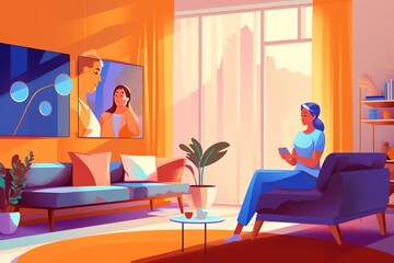 Fototapeta premium Woman relaxing on comfy couch in sunlit modern apartment, using tablet.