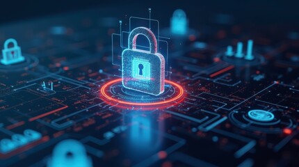 Digital Technology Security Concepts With Virtual Padlock and Circuit Patterns. Generative AI