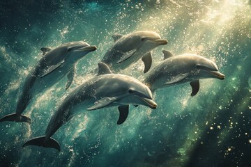 Obraz premium A pod of four dolphins leap through the water, sunlight shining through the surface.
