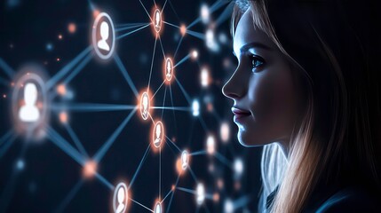 A young woman looks at a digital network of connected people.