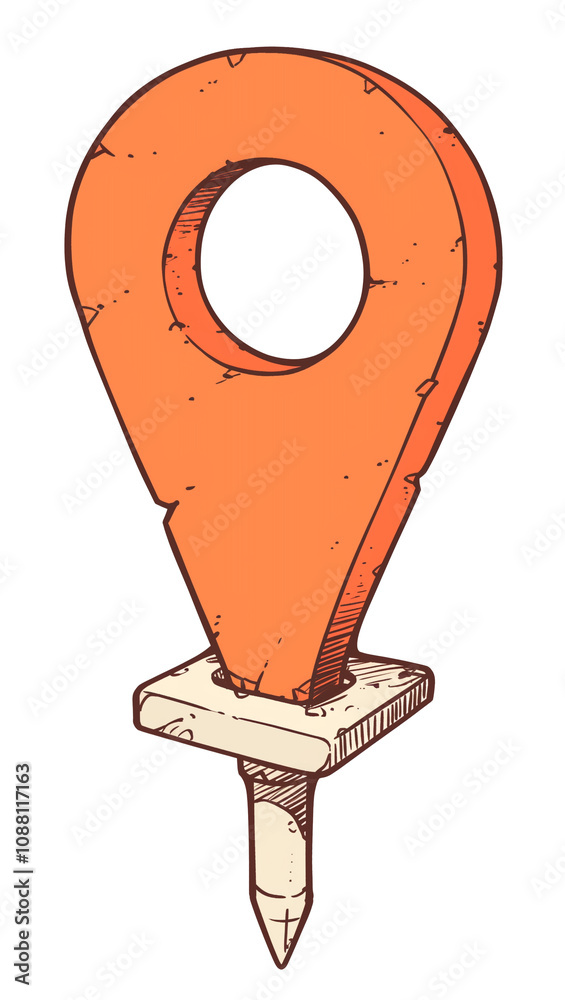 Poster orange pin icon with flat design and rustic texture, isolated on white background, evokes sense of a