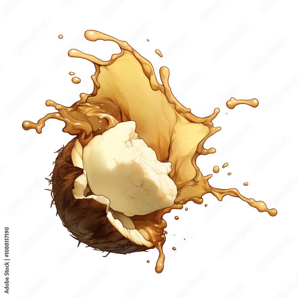 Poster coconut shell with creamy ice cream splashes against white background, creating dynamic and refreshing scene