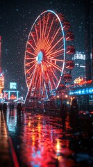 Obraz premium A vibrant ferris wheel illuminated in a snowy urban setting.