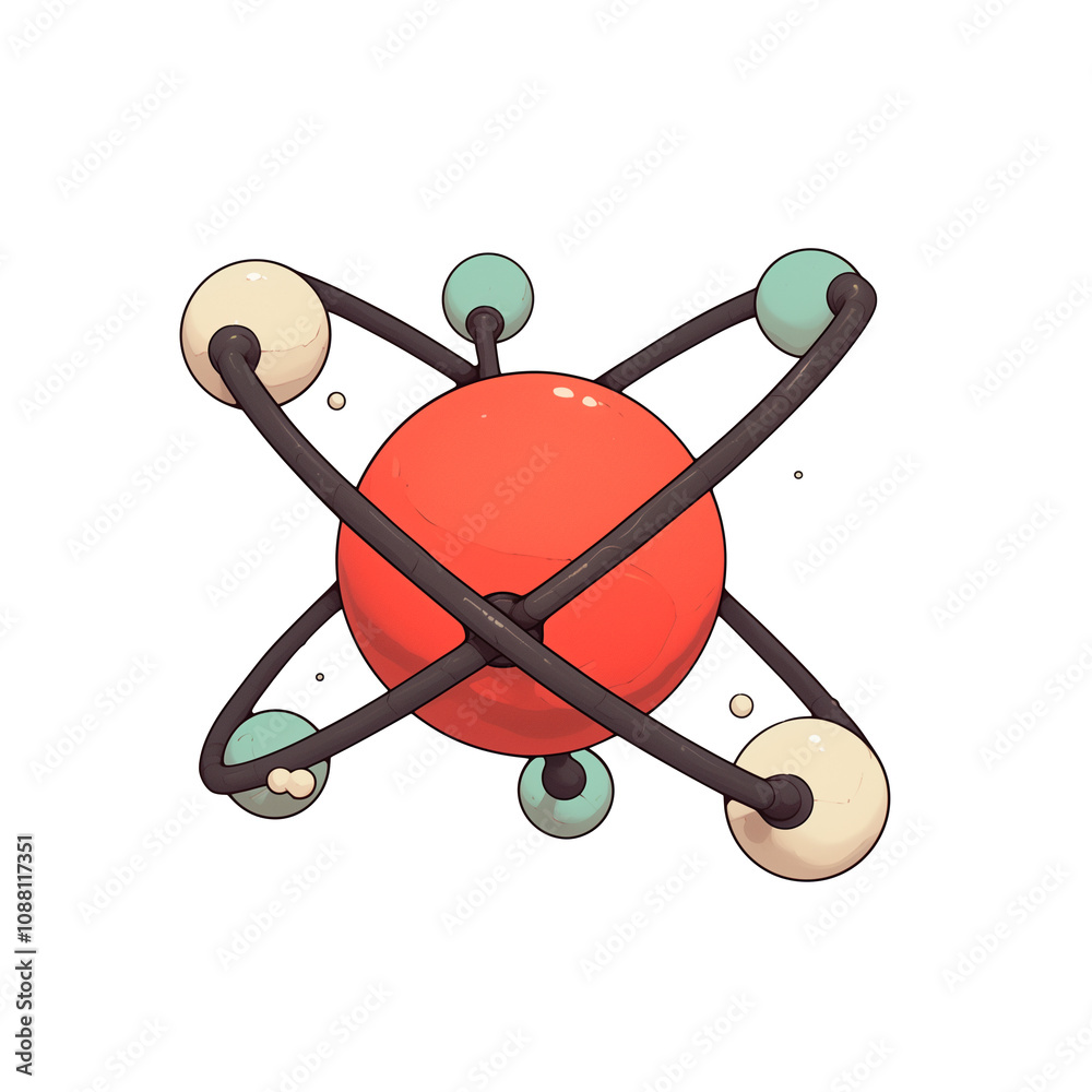 Aufkleber stylized atomic model with red nucleus and orbiting electrons, representing scientific concept in fl