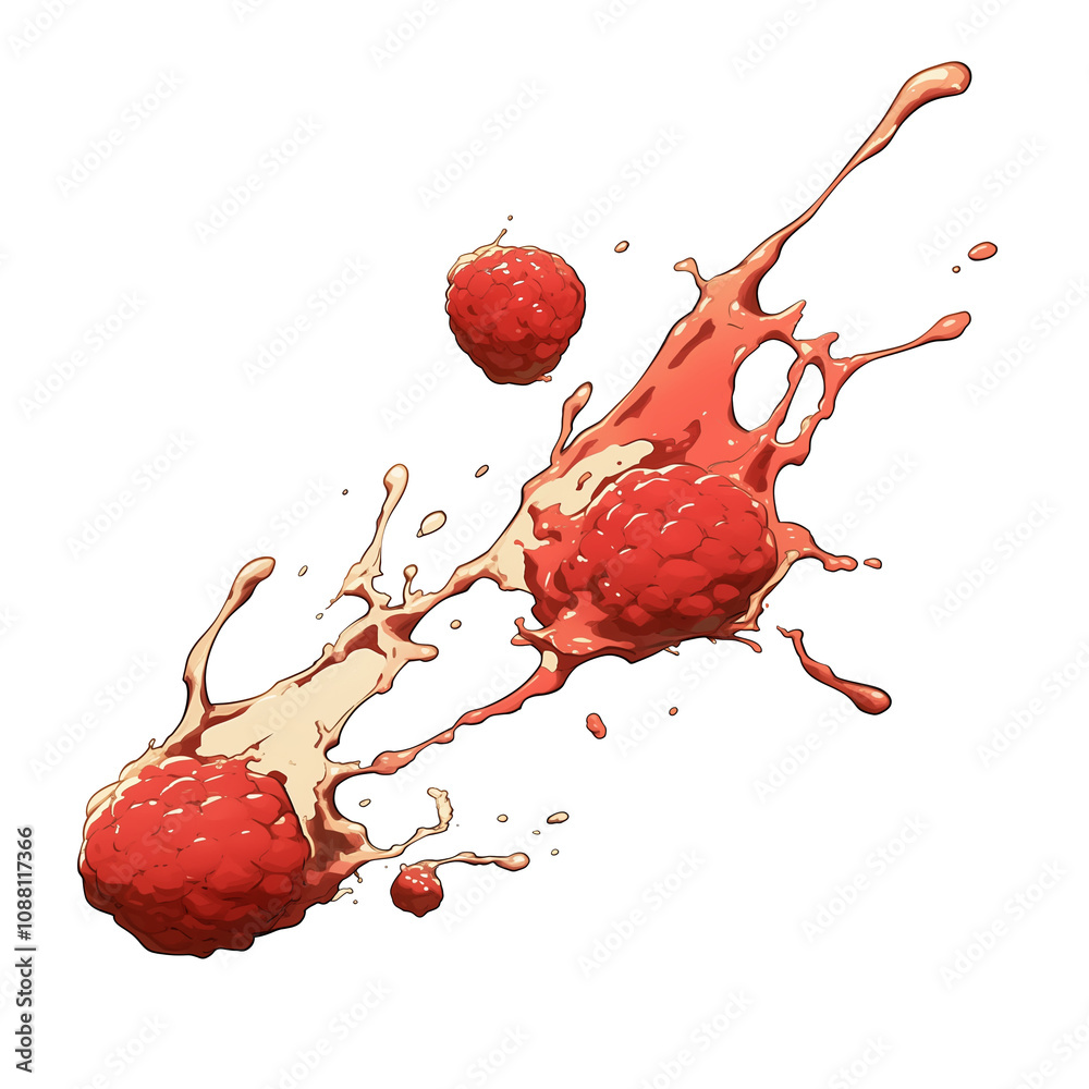 Poster Raspberry tea splash with vibrant red raspberries isolated on white background, capturing dynamic and refreshing moment