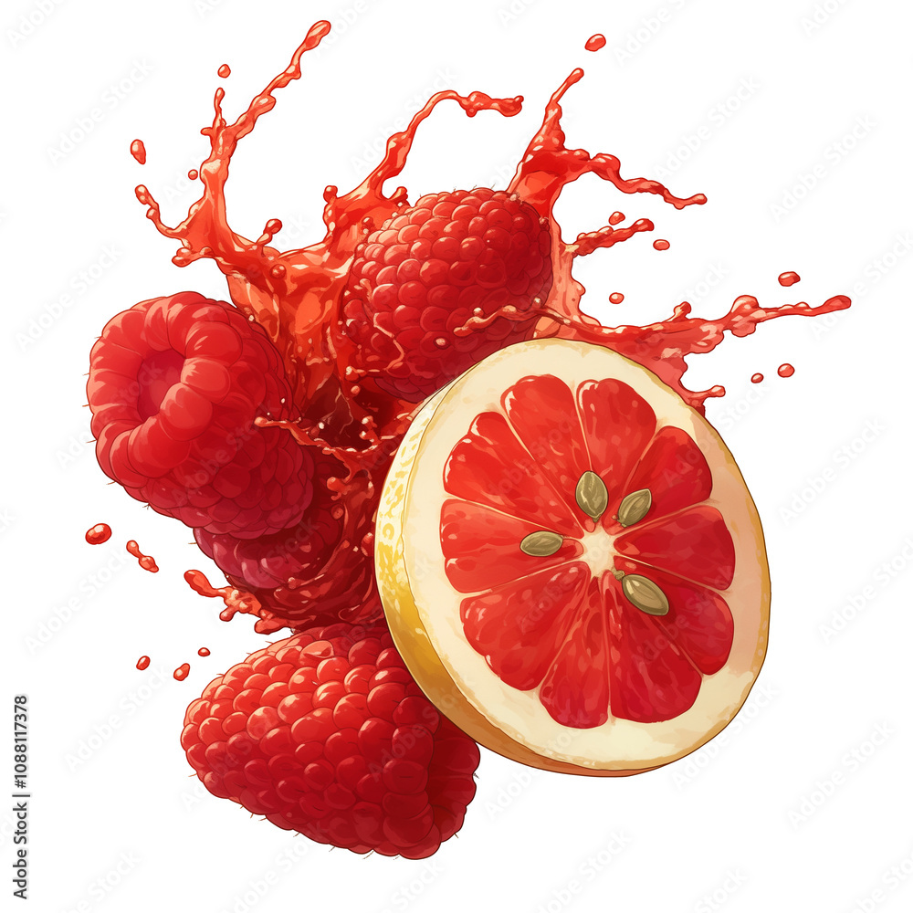 Poster juicy raspberries and vibrant lemon slice create refreshing splash, isolated on white background. dy