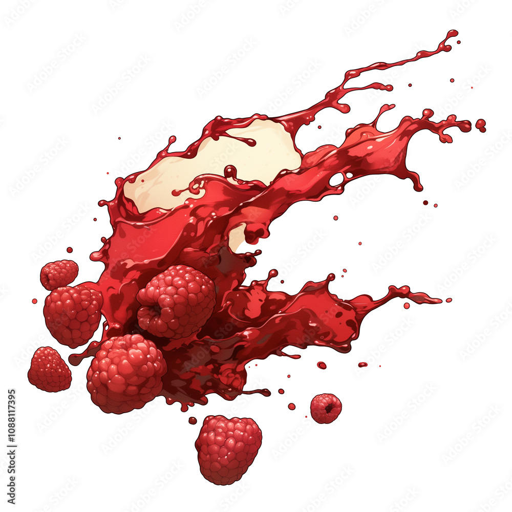 Poster vibrant splash of raspberry tea with fresh raspberries isolated on white background, capturing dynam