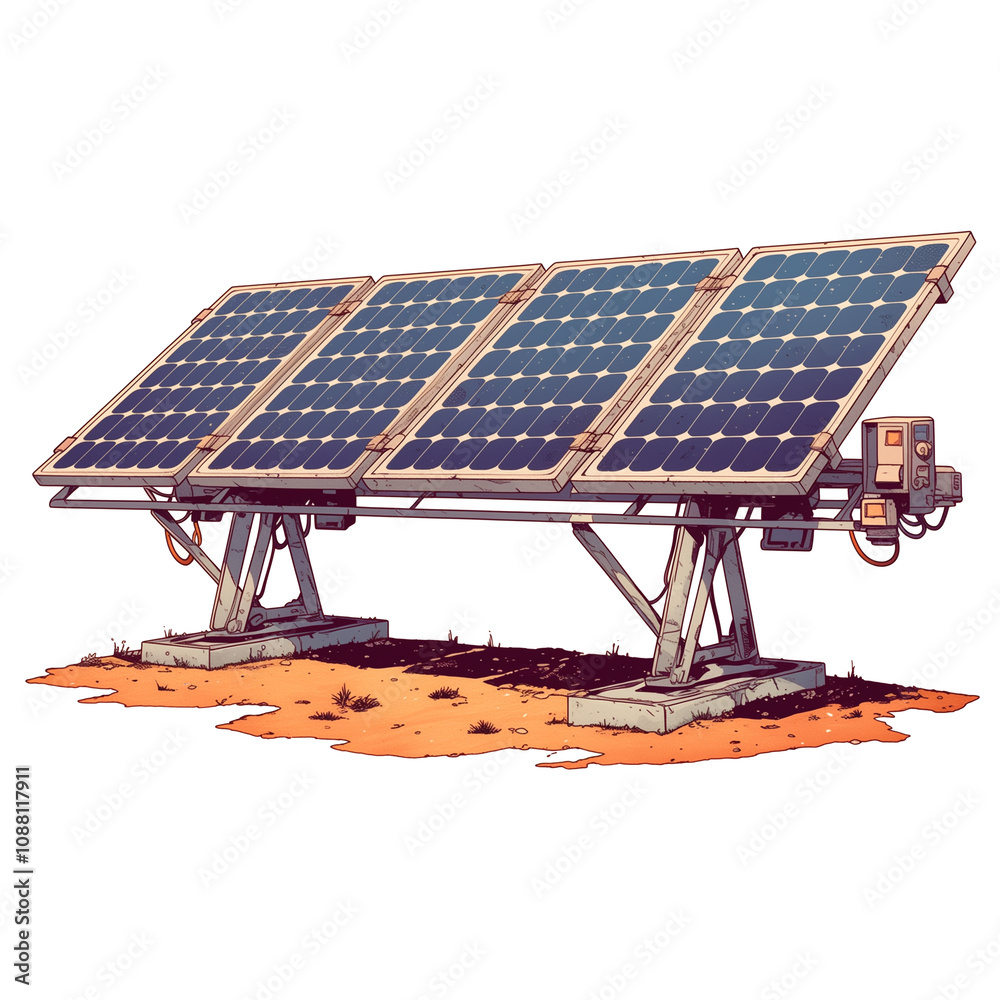 Poster flat design illustration of solar panel array on white background, showcasing clean energy technolog