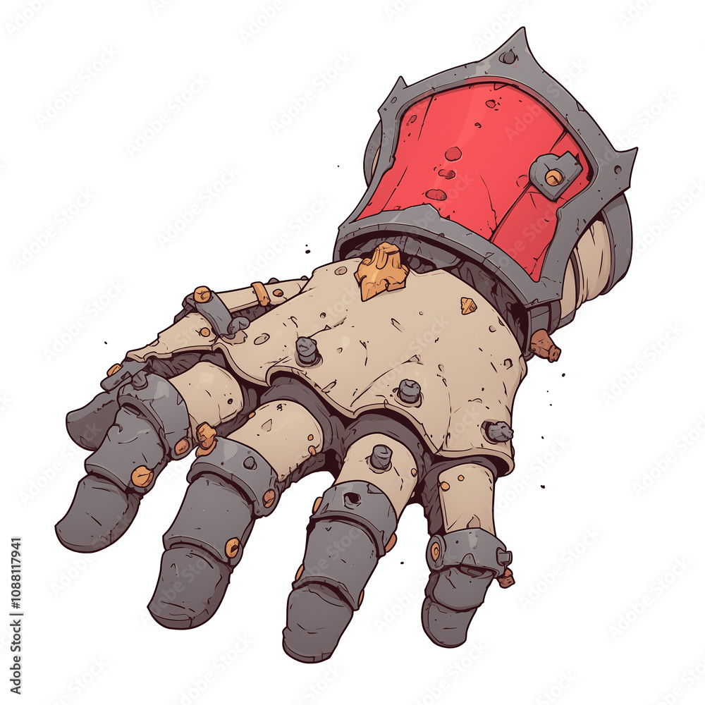 Poster detailed illustration of spectral gauntlet with flat design, featuring red and beige color scheme, i