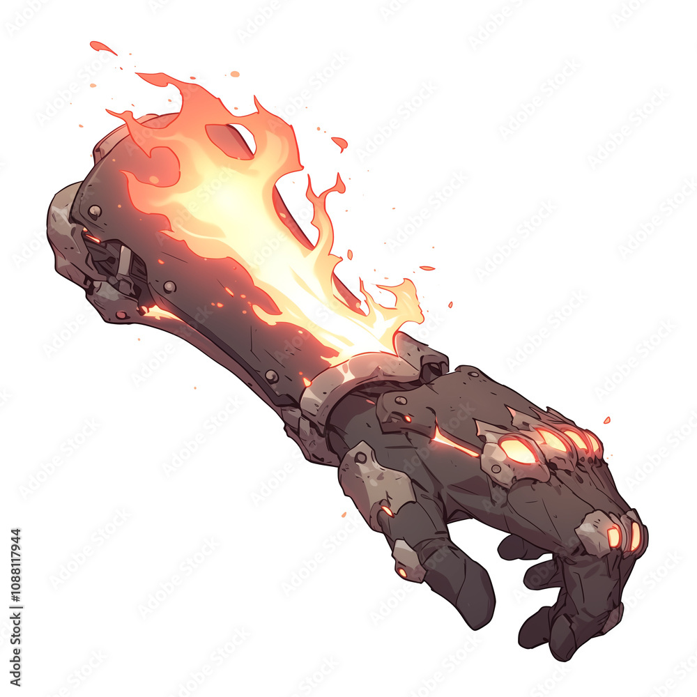 Poster fiery, mechanical gauntlet with intricate design and glowing elements, isolated on white background,