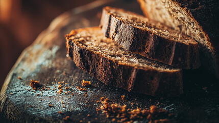rustic sliced sourdough loaf on a wooden board with crumbs highlighting the textured crust and soft interior