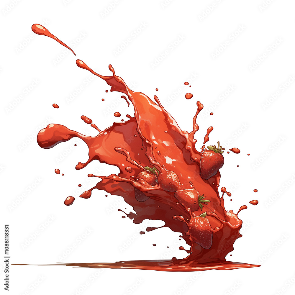 Poster vibrant splash of strawberry smoothie with whole strawberries isolated on white background, capturin