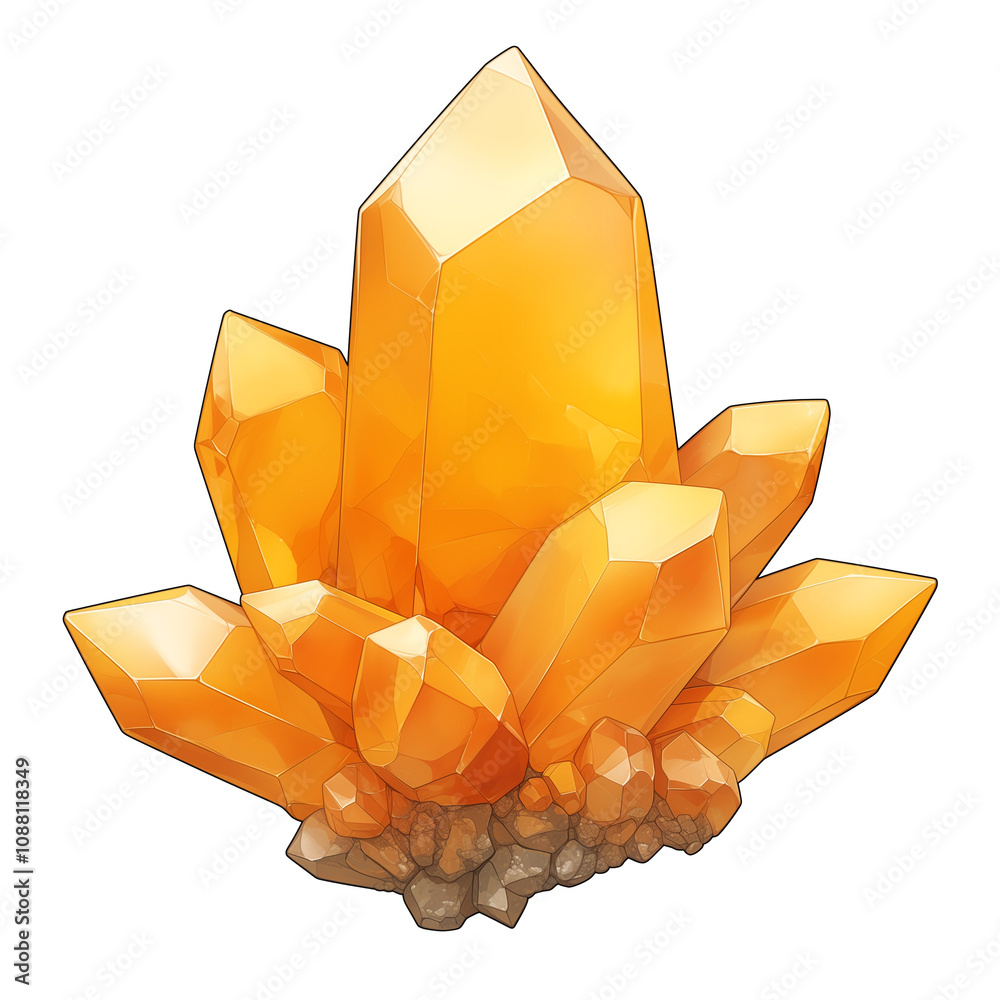 Poster vibrant orange crystal cluster with sharp facets and reflective surface, isolated on white background, exuding sense of energy and warmth
