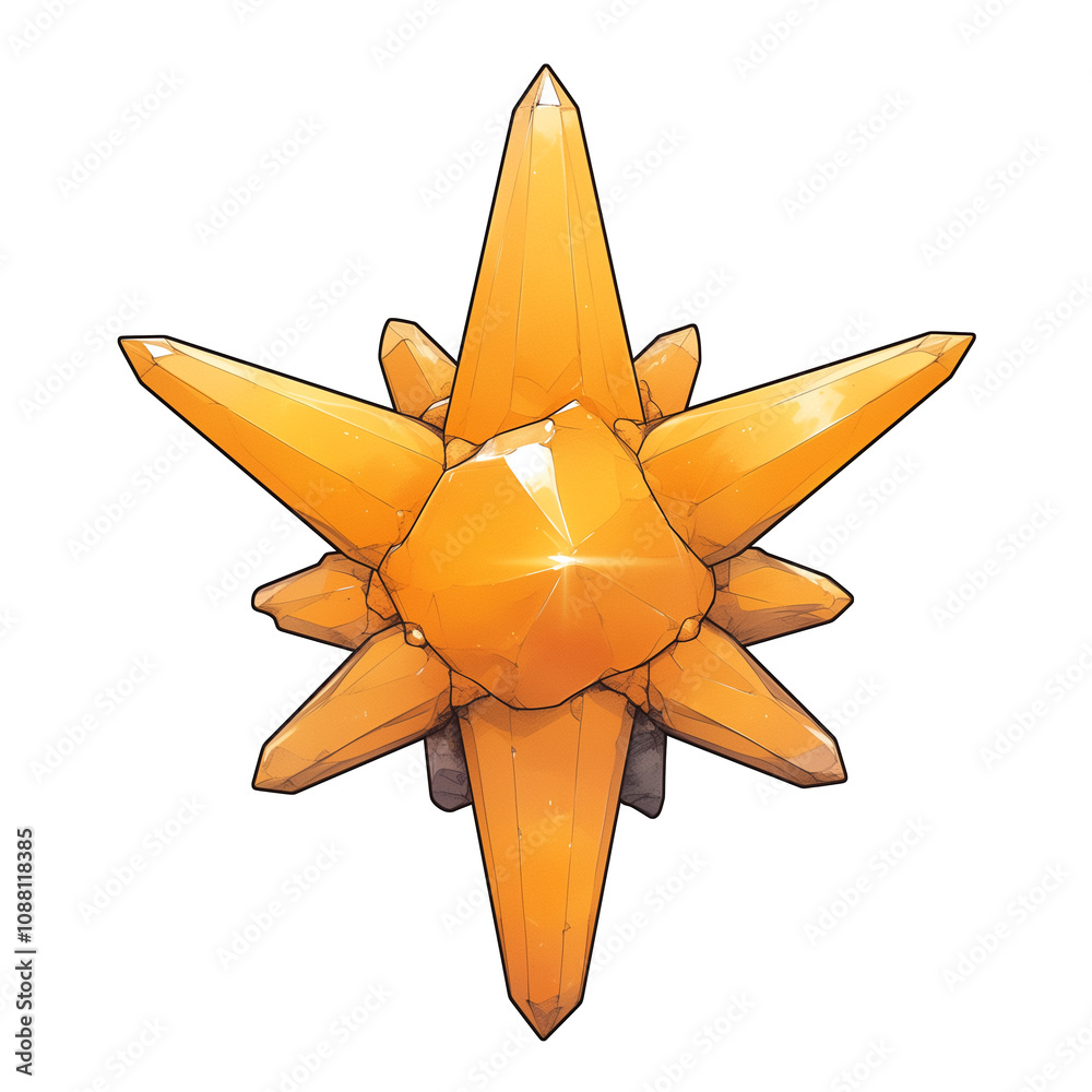 Poster vibrant orange crystal shaped like sun with sharp, pointed edges, isolated on white background. flat