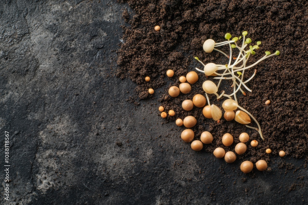 Poster various seeds and fresh sprouts are neatly arranged on a dark, rich soil background, showcasing natu