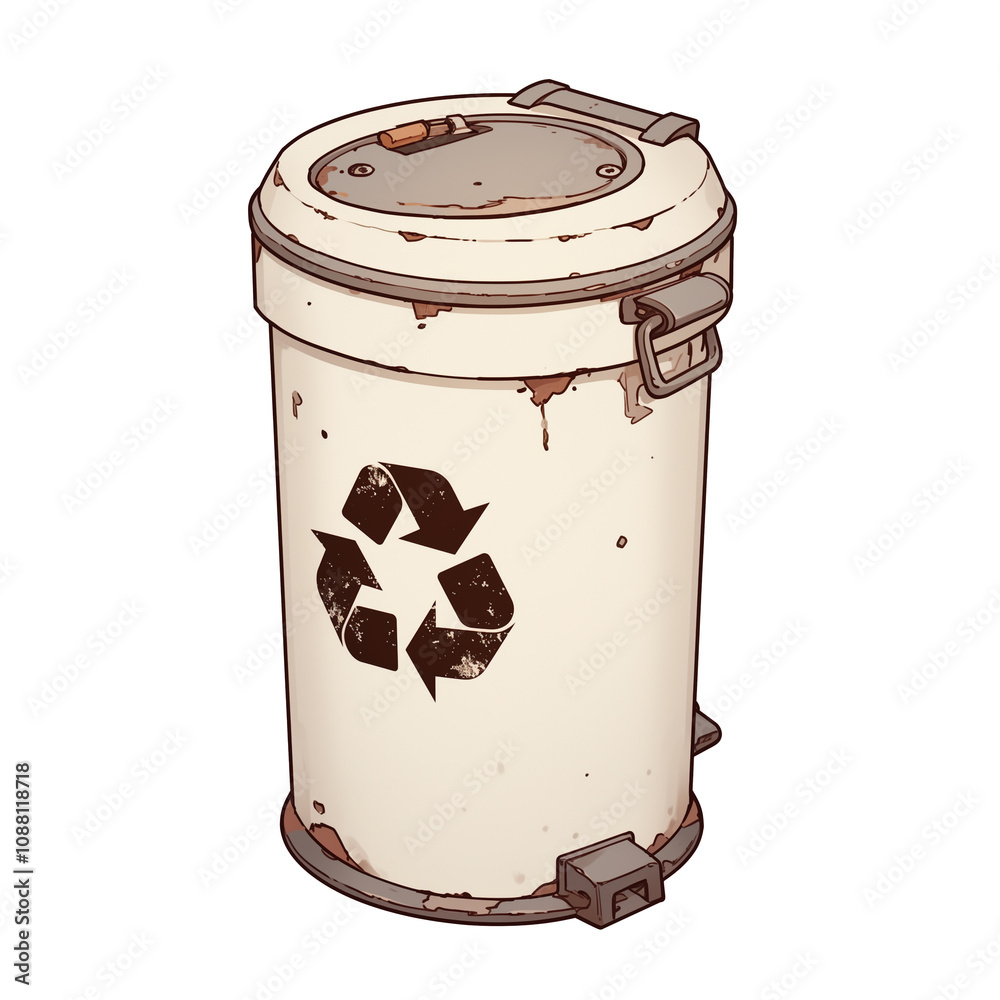 Poster vintage trash bin with recycling symbol, featuring rustic design and weathered appearance. bin is is