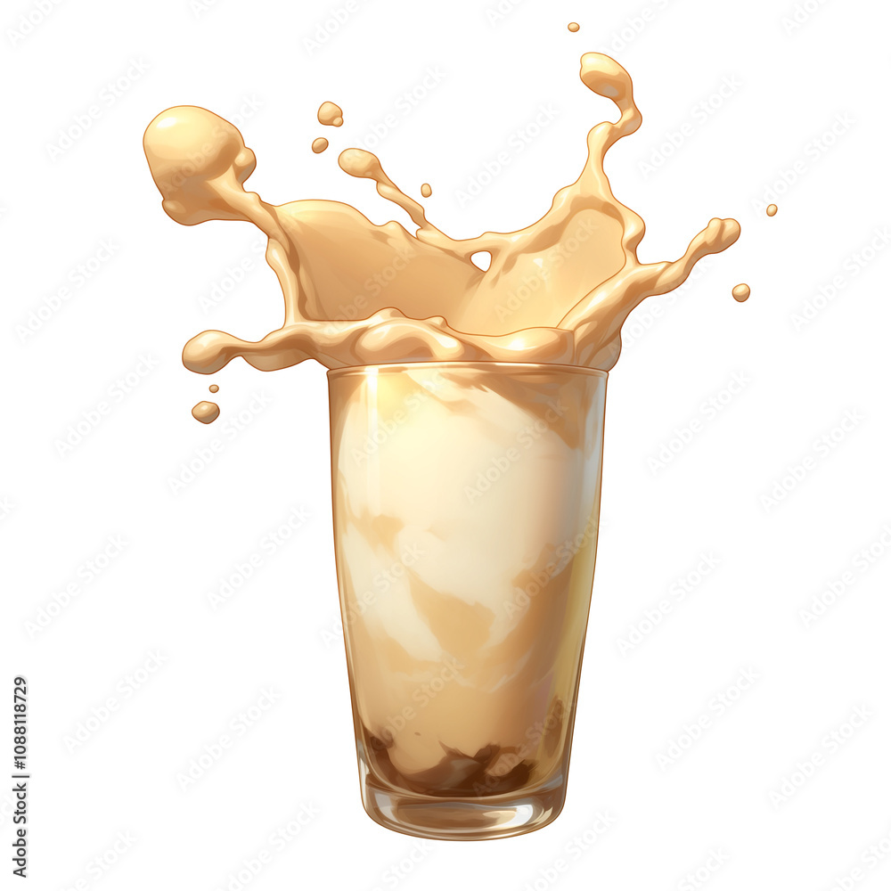 Aufkleber vanilla milkshake splashes energetically in clear glass, isolated on white background, capturing dyn