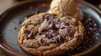 A large chocolate chip cookie with a scoop of vanilla ice cream on a brown plate.