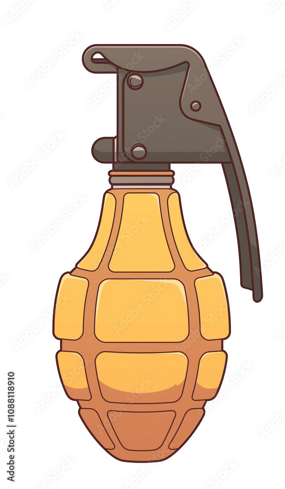 Poster flat design illustration of grenade with yellow body and dark handle, isolated on white background. 
