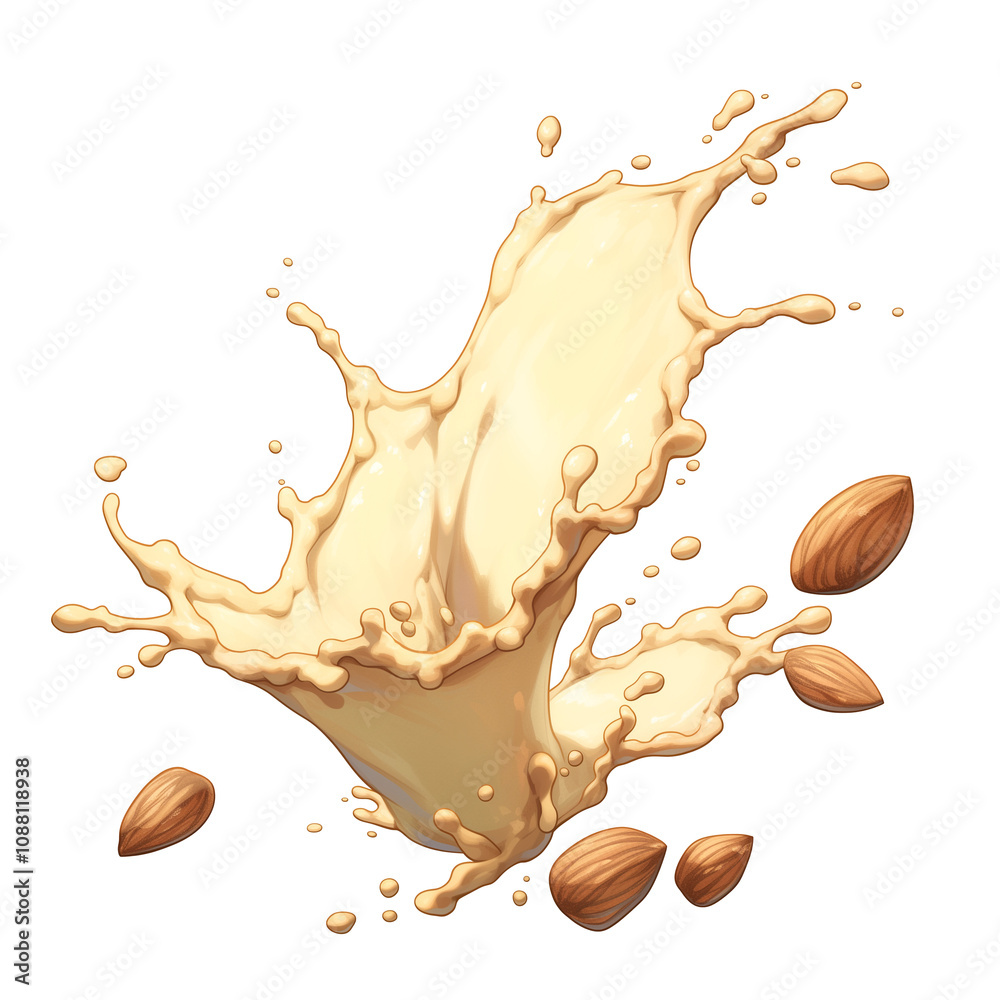 Poster splash of almond milk with almonds isolated on white background, capturing dynamic motion and creamy
