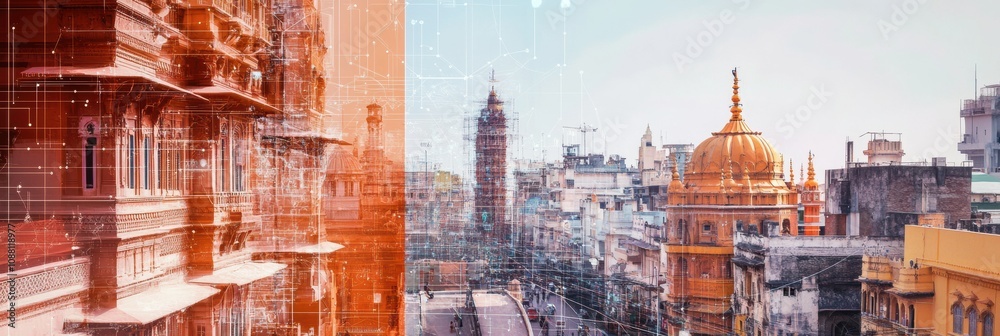 Poster incorporating advanced ai networks, this smart city showcases connected buildings enhancing urban ef